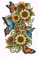 wrapped vines, daisy, sunflower, buckeye flower, hummingbird, butterfly  tattoo design idea