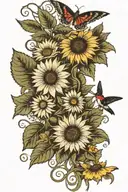 wrapped vines, daisy, sunflower, buckeye flower, hummingbird, butterfly  tattoo design idea