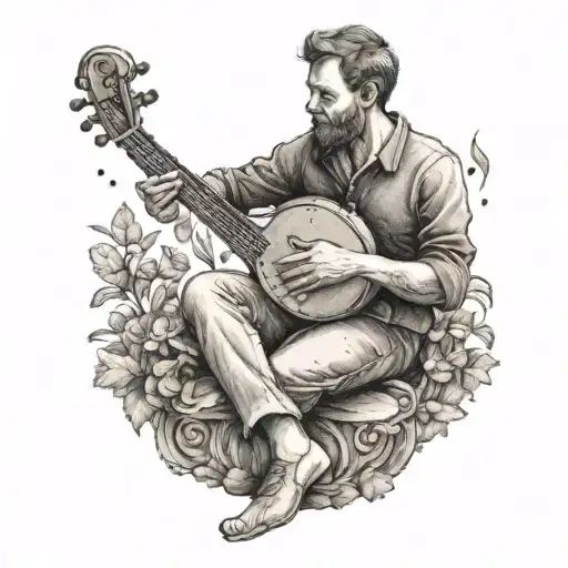 A dotwork tattoo of a solitary figure playing a musical instrument in a serene garden setting, reflecting the client's appreciation for music and solitude tattoo design idea