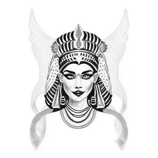 A dotwork tattoo of Cleopatra with intricate jewelry and headdress tattoo design idea