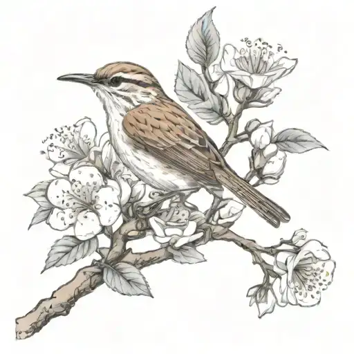 Bewick’s Wren perched on a white plum blossom branch with two flowers tattoo design idea