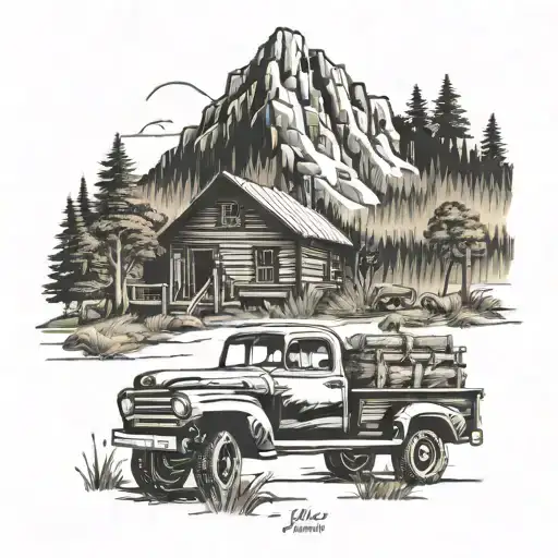 A vintage Ford truck parked in front of a scenic hunting cabin, surrounded by nature tattoo design idea