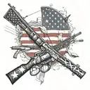 A collage of hunting rifles, fishing rods, and classic cars forming a patriotic American flag design tattoo design idea