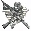 A collage of hunting rifles, fishing rods, and classic cars forming a patriotic American flag design tattoo design idea