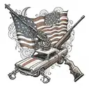 A collage of hunting rifles, fishing rods, and classic cars forming a patriotic American flag design tattoo design idea