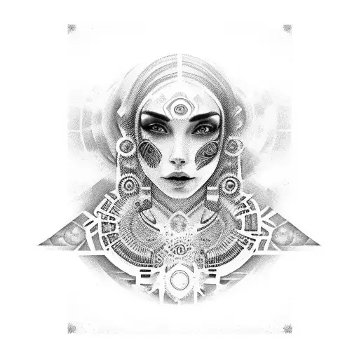 rostro de mujer con una foto en la frente y un collar azteca tattoo design idea