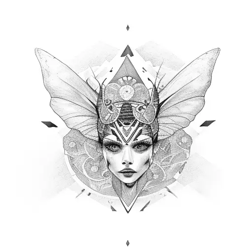 rostro de mujer con una mariposa en la frente tapandole los ojosy un collar azteca tattoo design idea