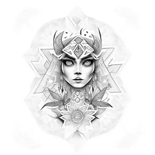 rostro de mujer con una mariposa en la frente y un collar azteca tattoo design idea