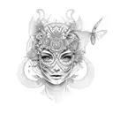 rostro de mujer con una mariposa en la frente y un collar azteca tattoo design idea