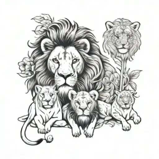 A lion family portrait with each member representing a different occupation, such as a lion dentist, lion teacher, lion chef, etc. tattoo design idea