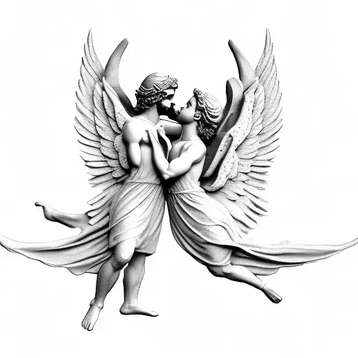 Two angels kissing each other with their wings spread as if they were two Greek statues.  tattoo design idea