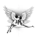 Two angels kissing each other with large wings as a sketch tattoo design idea