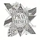 horizontal text along the v line saying "pray to himself tomorrow" tattoo design idea