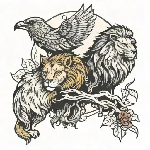 lion and a wolf looking at a wren bird tattoo design idea