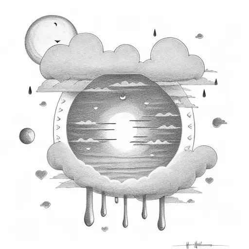 Big Sun with clouds, rain and heart rain tattoo design idea