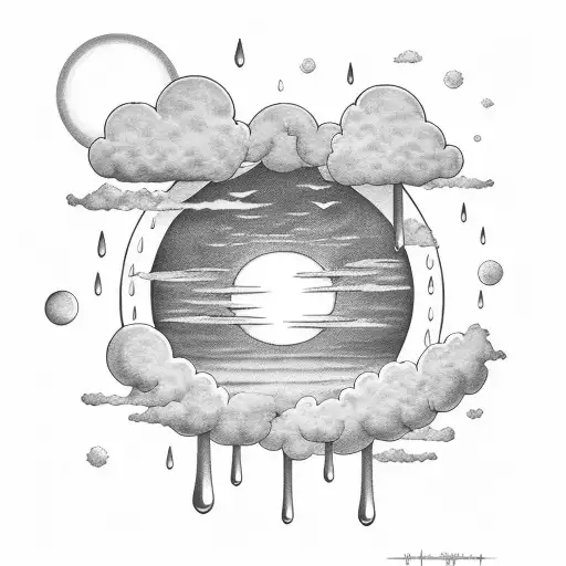 cloudes and a big sun woth hearts and rain  tattoo design idea