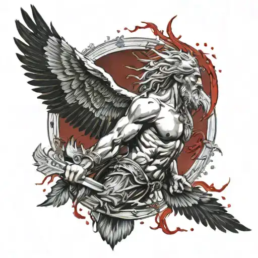Zues Over Icarus Falling with feathers falling and red lightning tattoo design idea
