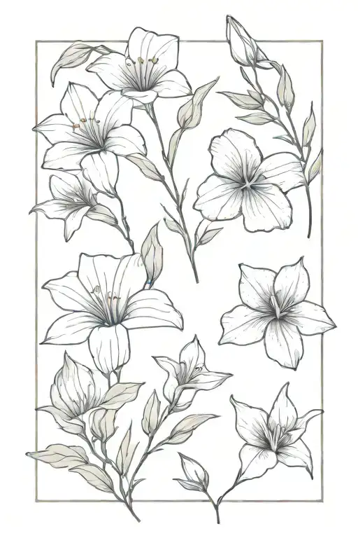 fineline boque of lily morning glory violet larkspur and sweet pea and small tattoo design idea