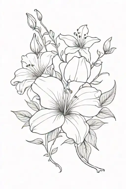 fineline boque of lily morning glory violet larkspur and sweet pea tattoo design idea