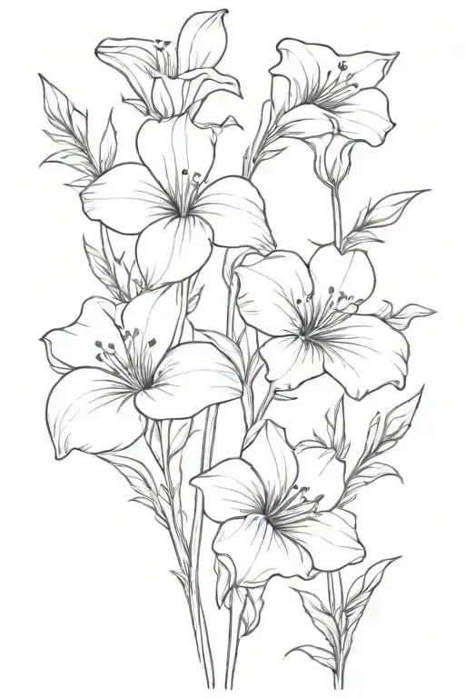 fineline boque of lily morning glory violet larkspur and sweet pea  tattoo design idea