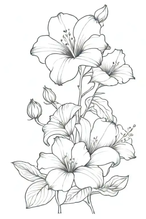 fineline boque of lily morning glory violet larkspur and sweet pea tattoo design idea