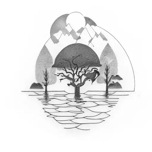 Water, trees, birds, dark cloud tattoo design idea