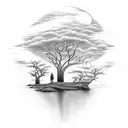 river, trees, birds, dark cloud, sun tattoo design idea