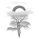 river, trees, birds, dark cloud, sun tattoo design idea