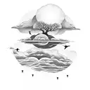 river, trees, birds, dark cloud, sun tattoo design idea