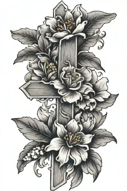 a cross with january birth flower surrounded tattoo design idea