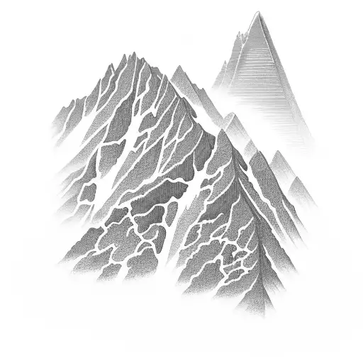 A black-grey tattoo of a majestic mountain range with a winding road leading towards it, symbolizing the client's love for driving trips and nature. tattoo design idea