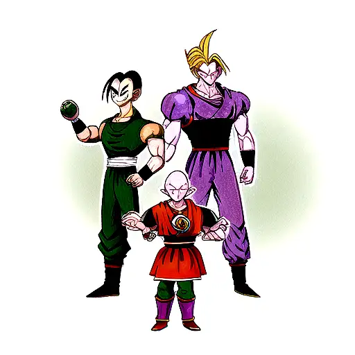 full sleeve tattoo about dragon ball z, with goku, gohan, piccolo, android 18, perfect cell, frieza and mr. rochi tattoo design idea