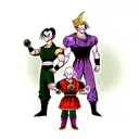 full sleeve tattoo about dragon ball z, with goku, gohan, piccolo, android 18, perfect cell, frieza and mr. rochi tattoo design idea