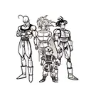 full sleeve tattoo about dragon ball z, with goku, gohan, piccolo, android 18, perfect cell, frieza and mr. rochi tattoo design idea