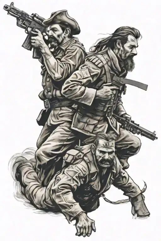 a Cossack with a forelock and moustache and a soldier with a machine gun tattoo design idea