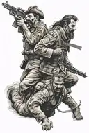 a Cossack with a forelock and moustache and a soldier with a machine gun tattoo design idea