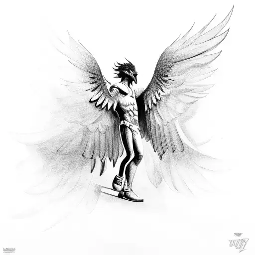 male harpy dancing, large black wings  tattoo design idea