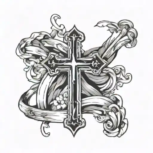 Cross of Jesus surrounded by parchment to put dates in it. tattoo design idea