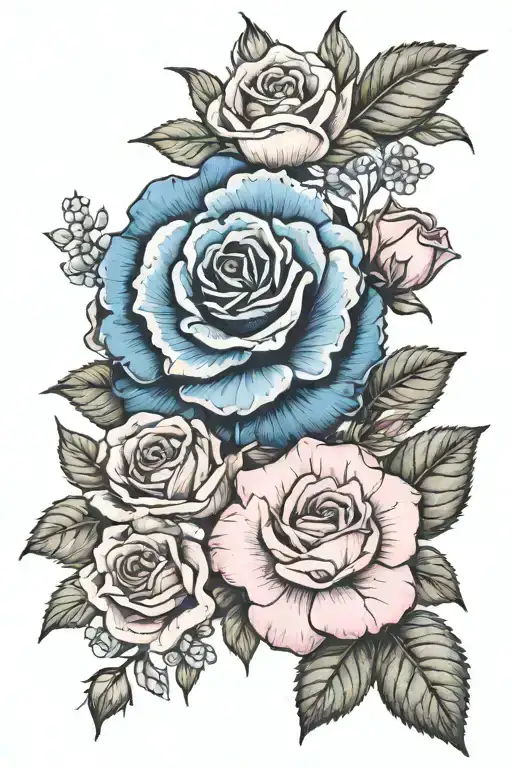An intricate botanical illustration featuring a mix of pink roses, blue roses, camellias, petunias, hibiscus, african violets, and succulents, showcasing the client's love for flowers tattoo design idea