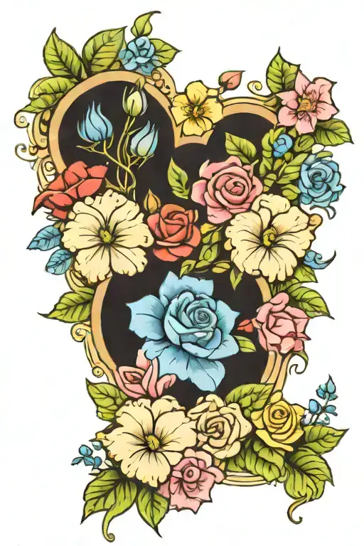 A whimsical garden scene with a variety of colorful flowers, including pink roses, blue roses, camellias, petunias, hibiscus, african violets, and succulents, creating a magical and enchanting atmosphere tattoo design idea