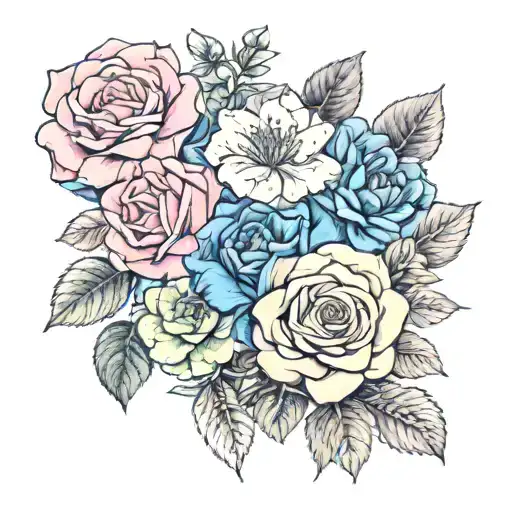 An intricate botanical illustration featuring a mix of pink roses, blue roses, camellias, petunias, hibiscus, african violets, and succulents, showcasing the client's love for flowers tattoo design idea