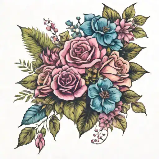 A serene forest scene with a variety of colorful flowers scattered throughout, including pink roses, blue roses, camellias, petunias, hibiscus, african violets, and succulents tattoo design idea