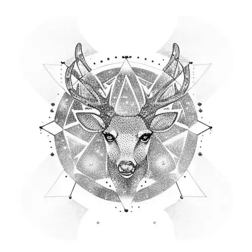 handprint with crystal in it center, orion constellation on left side, deer head on right side, sunset on top tattoo design idea