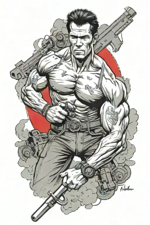 A realistic tattoo design showcasing a detailed portrait of Arnold Schwarzenegger as Terminator, with elements of Rambo's military gear and the Isle of Man flag incorporated into the background, paying tribute to Bruce Lee's martial arts expertise and Alf's quirky charm, all tied together with symbols representing the Wu Tang Clan's music and philosophy tattoo design idea