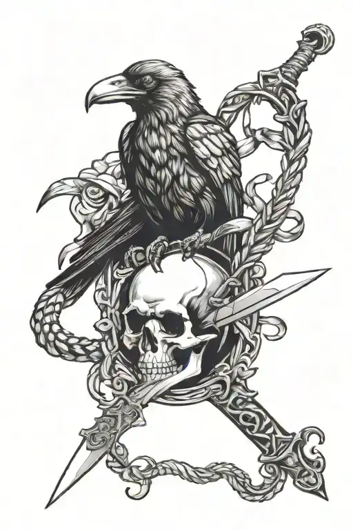 crow on a sword handle stabbing a skull snake wrapped around tattoo design idea
