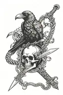 crow on a sword handle stabbing a skull snake wrapped around tattoo design idea
