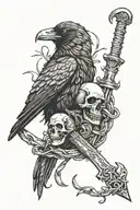 crow on a sword handle stabbing a skull snake wrapped around tattoo design idea