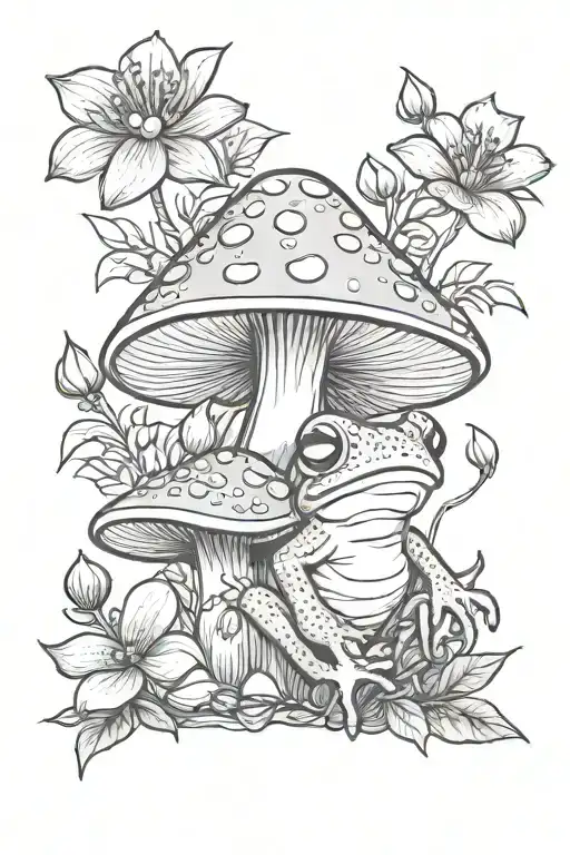 mushroom, frog, flowers tattoo design idea