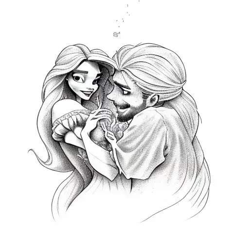 Ariel and Rapunzel hugging surrounded by sundrop flowers tattoo design idea