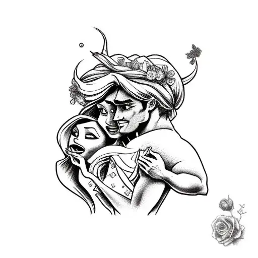 Ariel and Rapunzel hugging surrounded by sundrop flowers tattoo design idea